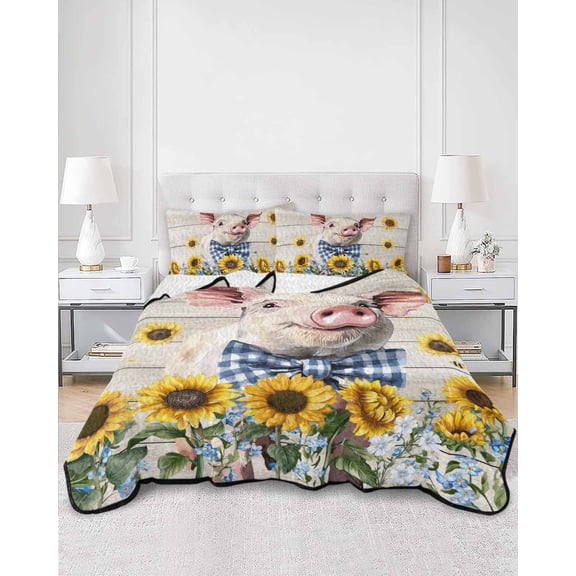 Quilts Full Size, Cute Pig Soft Comforter Bedding Set for Bed, Yellow Sunflowers Beige Wooden Vintage Art Lightweight Quilted Bedspread with Pillow Cover(2 Pieces) for All Season, 78x90 Inch