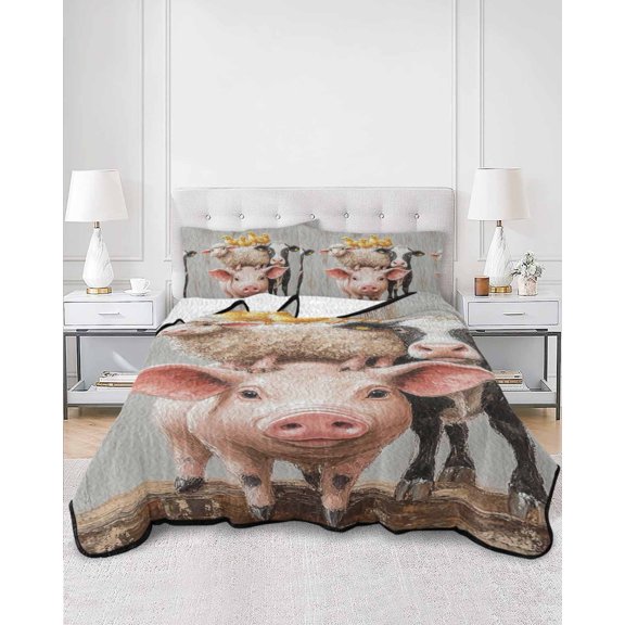 Quilts Full Size, Farm Pig Cow Soft Comforter Bedding Set for Bed, Funny Cute Animals Chicken Oil Painting Lightweight Quilted Bedspread with Pillow Cover(2 Pieces) for All Season, 78x90 Inch