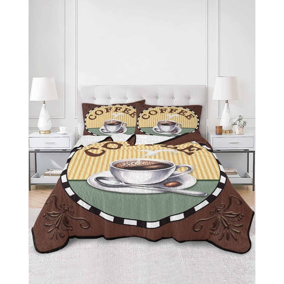 Quilts Full Size, Farmhouse Coffee Soft Comforter Bedding Set for Bed, Vintage Coffee Cup Beans Country Lightweight Quilted Bedspread with Pillow Cover(2 Pieces) for All Season, 78x90 Inch