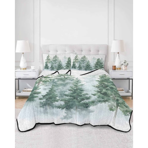 Quilts Full Size, Forest Green Soft Comforter Bedding Set for Bed, Spring Summer Watercolor Pine Tree Lightweight Quilted Bedspread with Pillow Cover(2 Pieces) for All Season, 78x90 Inch