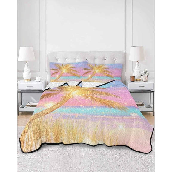 Quilts Full Size, Golden Palm Tree Soft Comforter Bedding Set for Bed, Rainbow Beach Seaside Lightweight Quilted Bedspread with Pillow Cover(2 Pieces) for All Season, 78x90 Inch