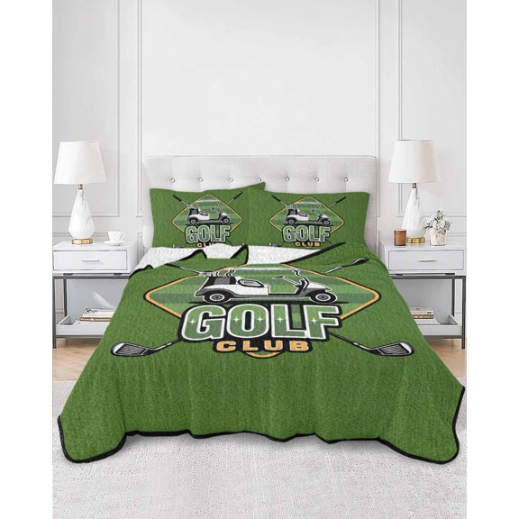 Quilts Full Size, Golf Club Green Soft Comforter Bedding Set for Bed, Abstract Vintage Golf Sports Lightweight Quilted Bedspread with Pillow Cover(2 Pieces) for All Season, 78x90 Inch