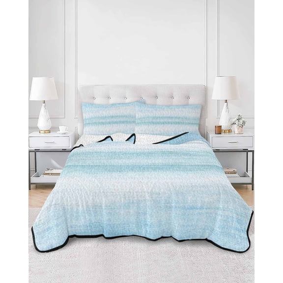 Quilts Full Size, Gradient Aqua Blue Soft Comforter Bedding Set for Bed, Modern Rustic Minimalist Pastel Solid Lightweight Quilted Bedspread with Pillow Cover(2 Pieces) for All Season, 78x90 Inch