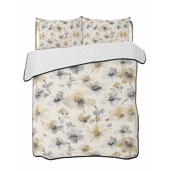 Quilts Full Size, Gray Beige Floral Soft Comforter Bedding Set for Bed, Spring Modern Botanical Flowers Blossom Lightweight Quilted Bedspread with Pillow Cover(2 Pieces) for All Season, 78x90 Inch