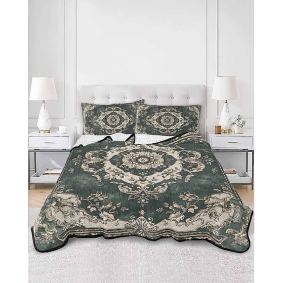 Quilts Full Size, Green Boho Soft Comforter Bedding Set for Bed, Vintage Southwestern Geometric Abstract Lightweight Quilted Bedspread with Pillow Cover(2 Pieces) for All Season, 78x90 Inch