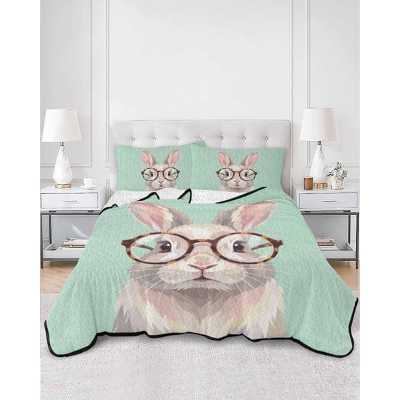 Quilts Full Size, Green Cute Bunny Soft Comforter Bedding Set for Bed, Funny Rabbits Modern Art Lightweight Quilted Bedspread with Pillow Cover(2 Pieces) for All Season, 78x90 Inch