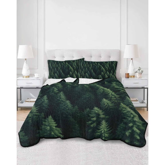 Quilts Full Size, Green Forest Soft Comforter Bedding Set for Bed, Modern Pine Trees Mysterious Art Lightweight Quilted Bedspread with Pillow Cover(2 Pieces) for All Season, 78x90 Inch