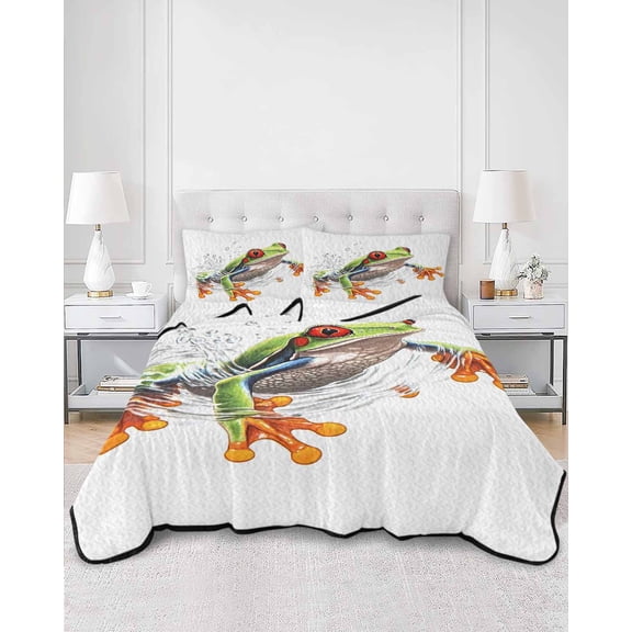 Quilts Full Size, Green Funny Frog Soft Comforter Bedding Set for Bed, Animal Vintage Artwork Watercolor Lightweight Quilted Bedspread with Pillow Cover(2 Pieces) for All Season, 78x90 Inch