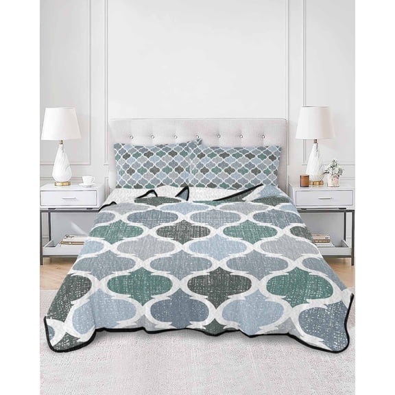 Quilts Full Size, Green Grey Morocco Pattern Soft Comforter Bedding Set for Bed, Turquoise Modern Moroccan Geometric Lightweight Quilted Bedspread with Pillow Cover(2 Pieces), 78x90 Inch