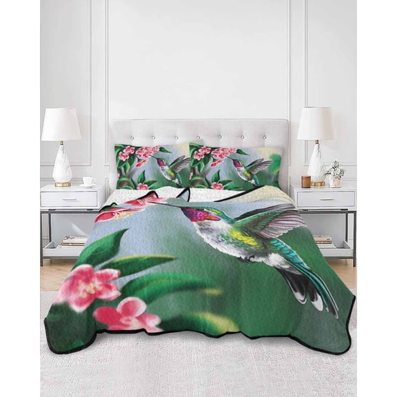 Quilts Full Size, Green Hummingbird Soft Comforter Bedding Set for Bed, Spring Summer Pink Flower Leaf Lightweight Quilted Bedspread with Pillow Cover(2 Pieces) for All Season, 78x90 Inch