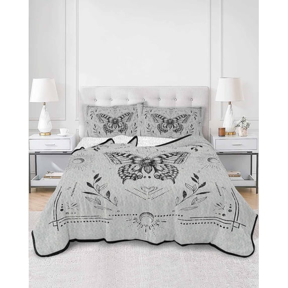 Quilts Full Size, Grey Butterfly Soft Comforter Bedding Set for Bed, Vintage Boho Spring Floral Botancial Lightweight Quilted Bedspread with Pillow Cover(2 Pieces) for All Season, 78x90 Inch