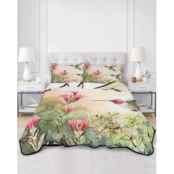 Quilts Full Size, Hummingbird Red Floral Soft Comforter Bedding Set for Bed, Rustic Botanical Green Ombre Lightweight Quilted Bedspread with Pillow Cover(2 Pieces) for All Season, 78x90 Inch