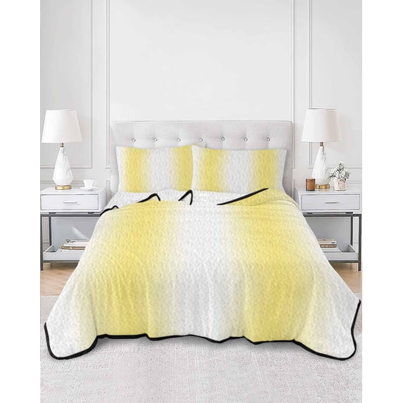 Quilts Full Size, Lemon Yellow White Soft Comforter Bedding Set for Bed, Gradient Vertical Stripes Geometric Lightweight Quilted Bedspread with Pillow Cover(2 Pieces) for All Season, 78x90 Inch