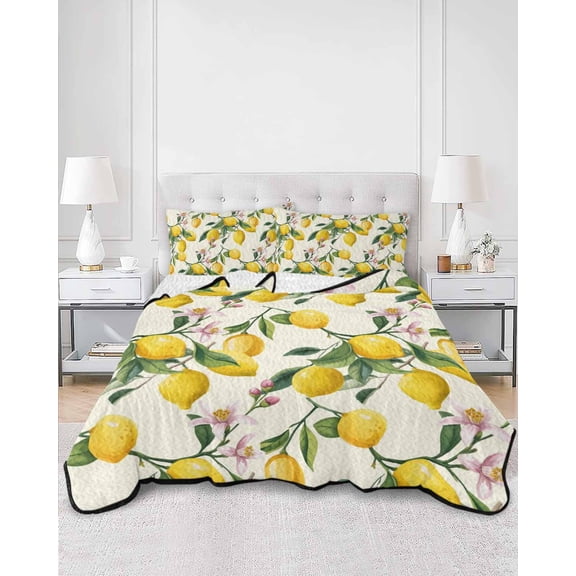 Quilts Full Size, Lemons Soft Comforter Bedding Set for Bed, Summer Botanical Yellow Fruit Leaves Flowers Lightweight Quilted Bedspread with Pillow Cover(2 Pieces) for All Season, 78x90 Inch