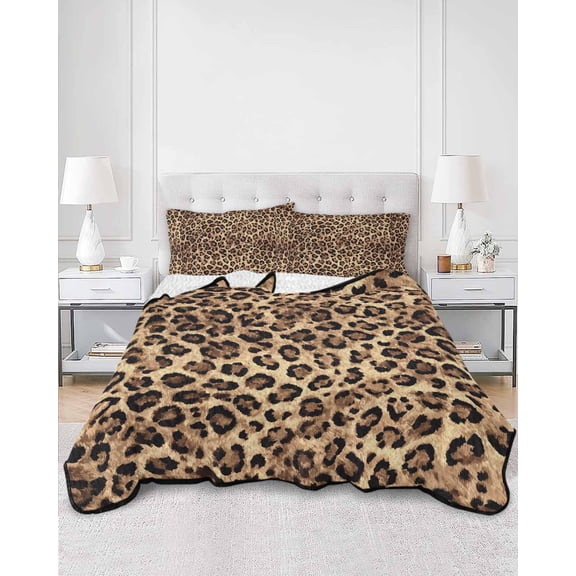 Quilts Full Size, Leopard Printed Soft Comforter Bedding Set for Bed, Modern Animals Textured Brown Lightweight Quilted Bedspread with Pillow Cover(2 Pieces) for All Season, 78x90 Inch
