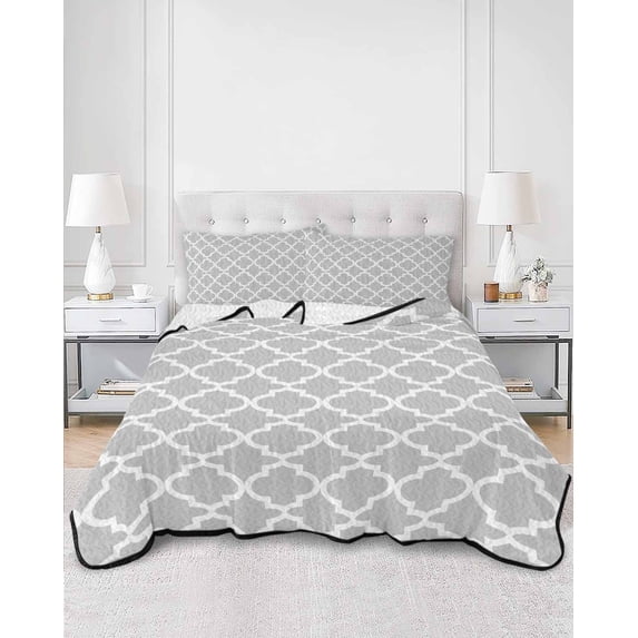 Quilts Full Size, Light Gray Soft Comforter Bedding Set for Bed, Minimalist Boho Abstract Ethnic Motifs Lightweight Quilted Bedspread with Pillow Cover(2 Pieces) for All Season, 78x90 Inch