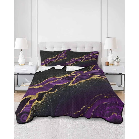 Quilts Full Size, Marble Black Soft Comforter Bedding Set for Bed, Purple Gold Art Abstract Vintage Farmhouse Lightweight Quilted Bedspread with Pillow Cover(2 Pieces) for All Season, 78x90 Inch