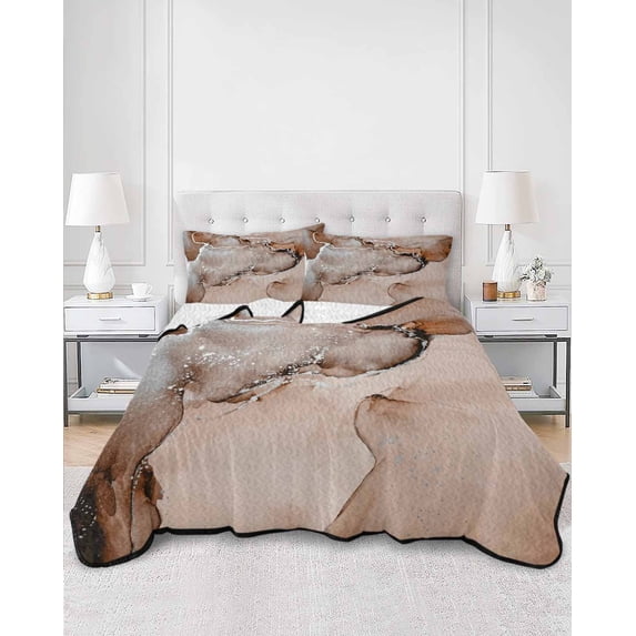 Quilts Full Size, Marble Brown Soft Comforter Bedding Set for Bed, Modern Abstract Ink Painting Luxury Lightweight Quilted Bedspread with Pillow Cover(2 Pieces) for All Season, 78x90 Inch