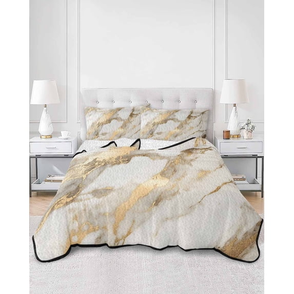 Quilts Full Size, Marble Gold Soft Comforter Bedding Set for Bed, Abstract Luxury Wave Gold Marbling Modern Lightweight Quilted Bedspread with Pillow Cover(2 Pieces) for All Season, 78x90 Inch