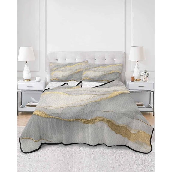 Quilts Full Size, Marble Grey Soft Comforter Bedding Set for Bed, Modern Gold Luxury Neutral Texture Lightweight Quilted Bedspread with Pillow Cover(2 Pieces) for All Season, 78x90 Inch