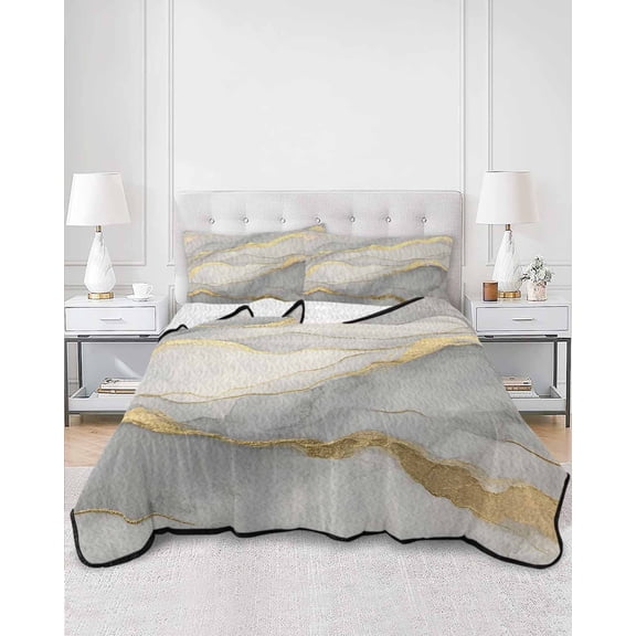 Quilts Full Size, Marble Grey Soft Comforter Bedding Set for Bed, Modern Gold Luxury Neutral Texture Lightweight Quilted Bedspread with Pillow Cover(2 Pieces) for All Season, 78x90 Inch