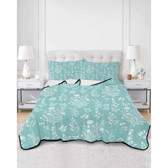 Quilts Full Size, Mint Green Botanical Soft Comforter Bedding Set for Bed, Spring Summer Chic Wildflowers Lightweight Quilted Bedspread with Pillow Cover(2 Pieces) for All Season, 78x90 Inch