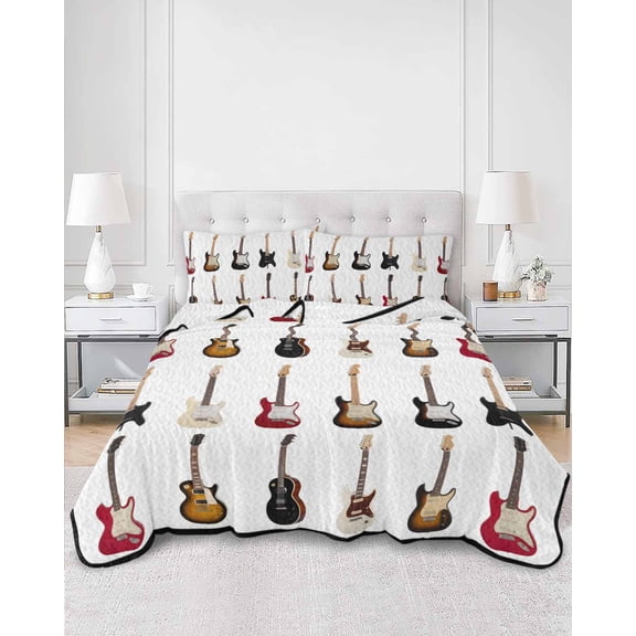 Quilts Full Size, Music Soft Comforter Bedding Set for Bed, Red Beige Guitar Modern Art Lightweight Quilted Bedspread with Pillow Cover(2 Pieces) for All Season, 78x90 Inch