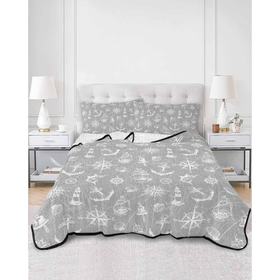 Quilts Full Size, Nautical Grey Soft Comforter Bedding Set for Bed, Retro Sailing Boat Map Anchor Rudder Lightweight Quilted Bedspread with Pillow Cover(2 Pieces) for All Season, 78x90 Inch