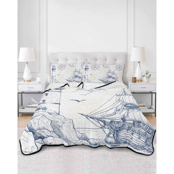 Quilts Full Size, Nautical Ship Lighthouse Soft Comforter Bedding Set for Bed, Ocean Anchor Rudder Lines Art Lightweight Quilted Bedspread with Pillow Cover(2 Pieces) for All Season, 78x90 Inch