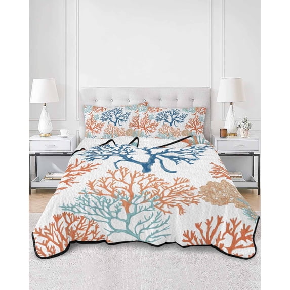 Quilts Full Size, Ocean Coral Soft Comforter Bedding Set for Bed, Coastal Orange Blue Green Nature Abstract Lightweight Quilted Bedspread with Pillow Cover(2 Pieces) for All Season, 78x90 Inch