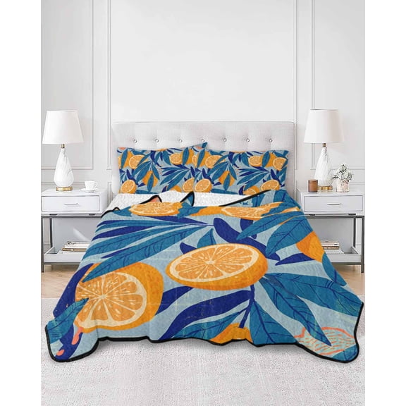 Quilts Full Size, Orange Lemon Soft Comforter Bedding Set for Bed, Minimalist Tropical Retro Blue Palm Leaf Lightweight Quilted Bedspread with Pillow Cover(2 Pieces) for All Season, 78x90 Inch