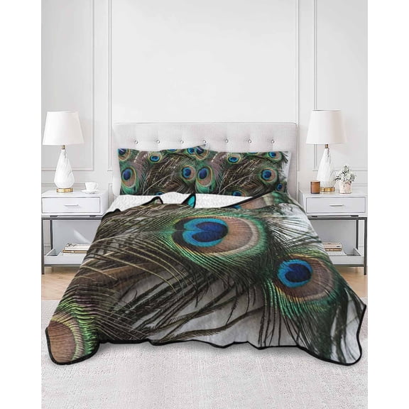 Quilts Full Size, Peacock Feather Soft Comforter Bedding Set for Bed, Teal Blue Bird Feather Modern Art Printed Lightweight Quilted Bedspread with Pillow Cover(2 Pieces) for All Season, 78x90 Inch