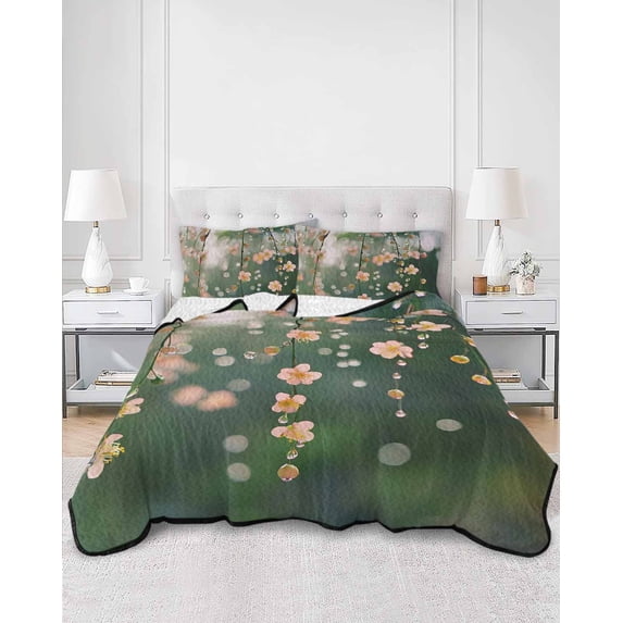 Quilts Full Size, Pink Spring Flowers Soft Comforter Bedding Set for Bed, Botanical Summer Floral Farmhouse Lightweight Quilted Bedspread with Pillow Cover(2 Pieces) for All Season, 78x90 Inch