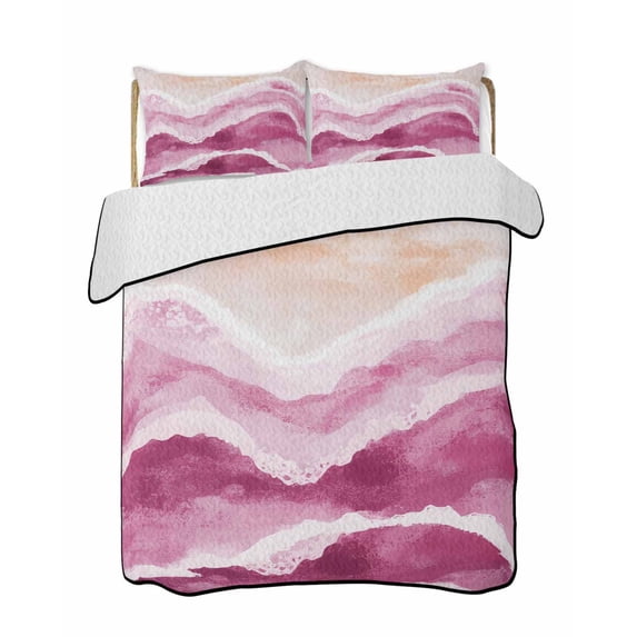 Quilts Full Size, Pink Waves Coastal Soft Comforter Bedding Set for Bed, Pink Ombre Summer Beach Oceans Lightweight Quilted Bedspread with Pillow Cover(2 Pieces) for All Season, 78x90 Inch