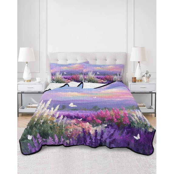Quilts Full Size, Purple Lavender Soft Comforter Bedding Set for Bed, Spring Country Oil Painting Butterfly Flower Lightweight Quilted Bedspread with Pillow Cover(2 Pieces) for All Season, 78x90 Inch