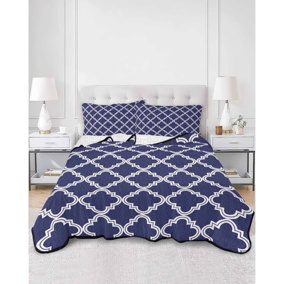 Quilts Full Size, Quatrefoil Moroccan Pattern Soft Comforter Bedding Set for Bed, Geometric Blue Morocco Lightweight Quilted Bedspread with Pillow Cover(2 Pieces) for All Season, 78x90 Inch