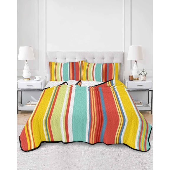 Quilts Full Size, Red Aqua Stripe Soft Comforter Bedding Set for Bed, Country Abstract Art Colorful Striped Lightweight Quilted Bedspread with Pillow Cover(2 Pieces) for All Season, 78x90 Inch