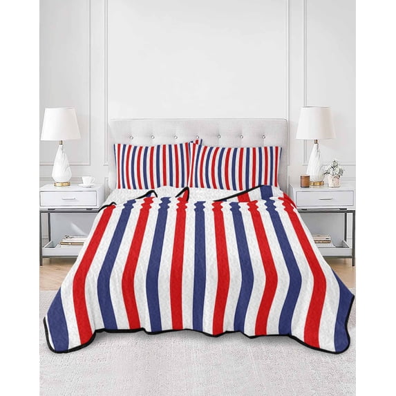 Quilts Full Size, Red Blue White Striped Soft Comforter Bedding Set for Bed, Modern Simple Stripes Lightweight Quilted Bedspread with Pillow Cover(2 Pieces) for All Season, 78x90 Inch