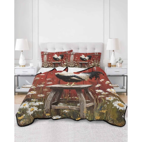 Quilts Full Size, Red Rooster Soft Comforter Bedding Set for Bed, Farmhouse Animals Spring Floral Rustic Lightweight Quilted Bedspread with Pillow Cover(2 Pieces) for All Season, 78x90 Inch