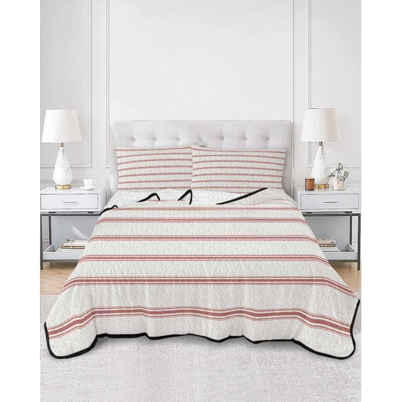 Quilts Full Size, Red Striped Soft Comforter Bedding Set for Bed, Rustic Red Stripe Modern Art Beige Lightweight Quilted Bedspread with Pillow Cover(2 Pieces) for All Season, 78x90 Inch