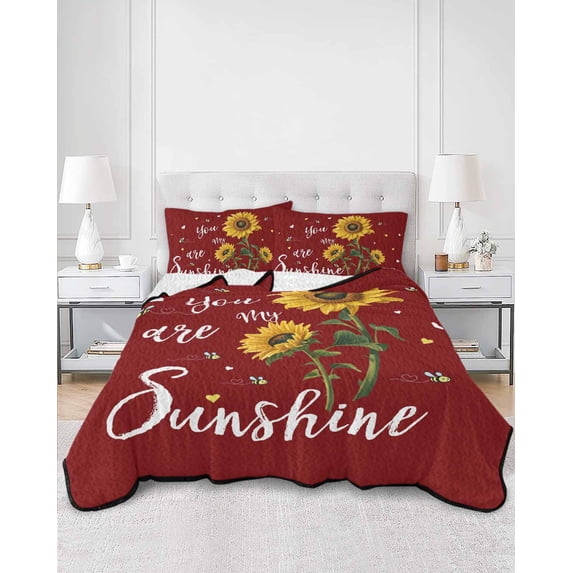 Quilts Full Size, Red Sunshine Sunflower Soft Comforter Bedding Set for Bed, Pastoral Bees Farmhouse Floral Lightweight Quilted Bedspread with Pillow Cover(2 Pieces) for All Season, 78x90 Inch