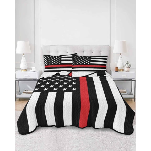 Quilts Full Size, Red White Stripe Fireman American Flag Soft Comforter Bedding Set for Bed, Fire Fighter USA Flags Lightweight Quilted Bedspread with Pillow Cover(2 Pieces), 78x90 Inch
