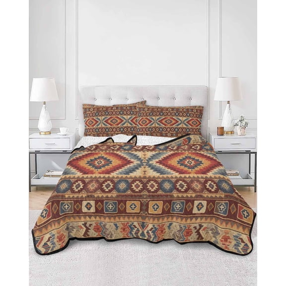 Quilts Full Size, Retro Southwest Soft Comforter Bedding Set for Bed, Boho Aztec Tribal Abstract Geometric Lightweight Quilted Bedspread with Pillow Cover(2 Pieces) for All Season, 78x90 Inch