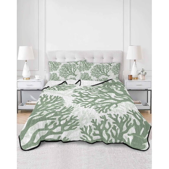 Quilts Full Size, Sage Green Coral Soft Comforter Bedding Set for Bed, Coastal Summer Ocean Nautical Sea Lightweight Quilted Bedspread with Pillow Cover(2 Pieces) for All Season, 78x90 Inch