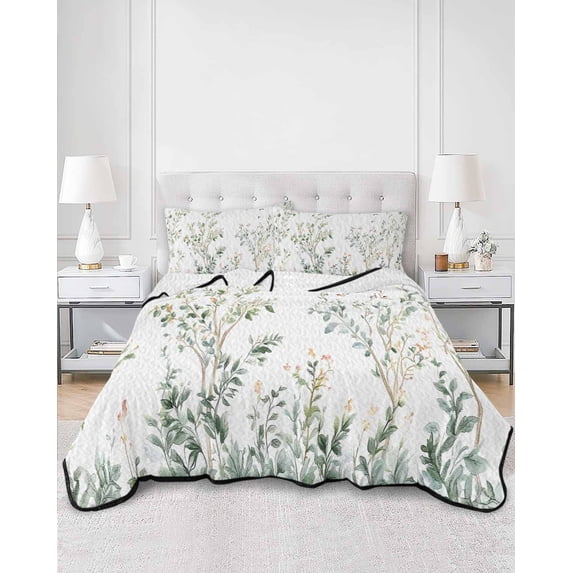 Quilts Full Size, Sage Green Trees Soft Comforter Bedding Set for Bed, Green Eucalyptus Leaves Lightweight Quilted Bedspread with Pillow Cover(2 Pieces) for All Season, 78x90 Inch