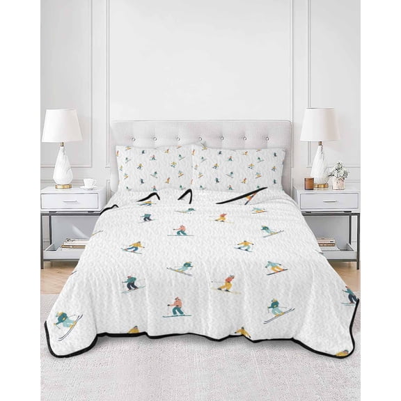 Quilts Full Size, Skiing Soft Comforter Bedding Set for Bed, Winter Snow Ski Sports Cartoon Boys Girls Skier Lightweight Quilted Bedspread with Pillow Cover(2 Pieces) for All Season, 78x90 Inch