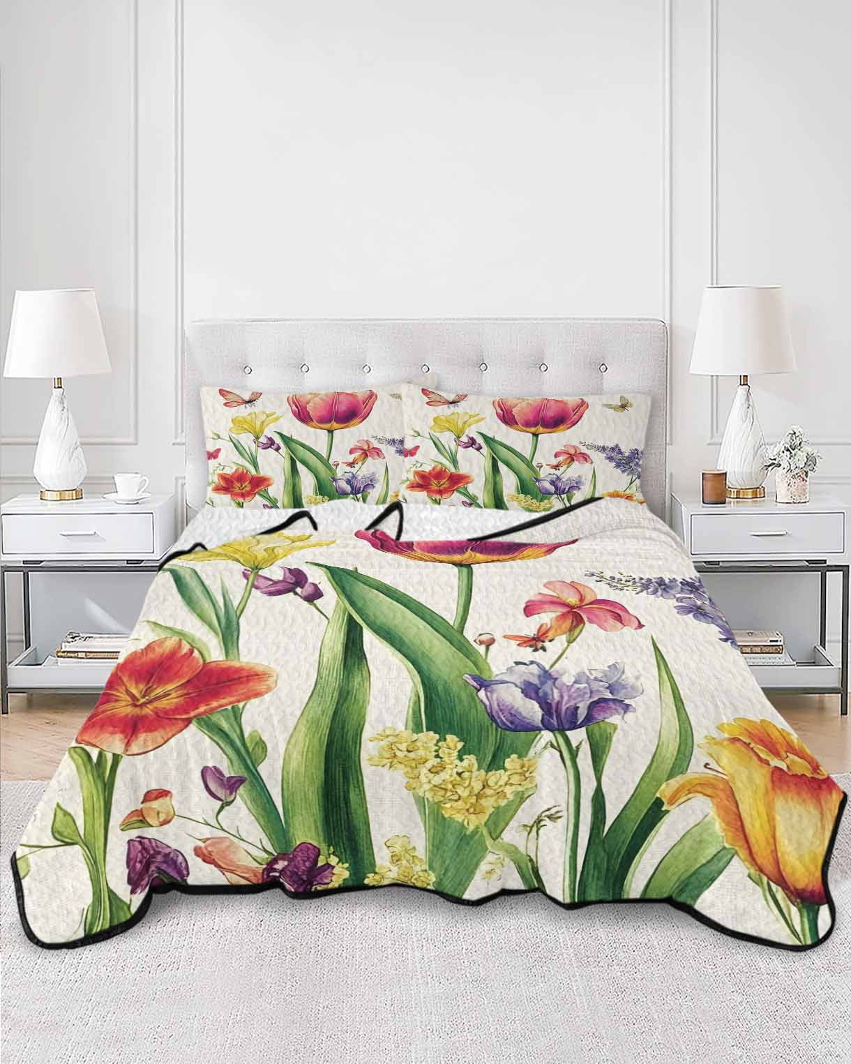 Spring Quilt Set Quilts Full Size, Spring Floral Soft Comforter Bedding Set for Bed ...