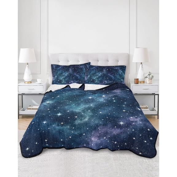 Quilts Full Size, Starry Night Soft Comforter Bedding Set for Bed, Modern Universe Glowing Stars Mystic Lightweight Quilted Bedspread with Pillow Cover(2 Pieces) for All Season, 78x90 Inch