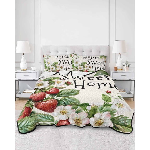 Quilts Full Size, Strawberry Soft Comforter Bedding Set for Bed, Summer Fruits Spring Floral Botanical Lightweight Quilted Bedspread with Pillow Cover(2 Pieces) for All Season, 78x90 Inch