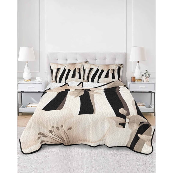 Quilts Full Size, Stripes Floral Soft Comforter Bedding Set for Bed, Spring Flower Zebra Animal Pattern Floral Lightweight Quilted Bedspread with Pillow Cover(2 Pieces) for All Season, 78x90 Inch